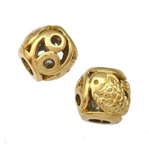 Stainless Steel Barrel Beads Fish Hollow Large Hole Gold Plated, approx 9-10mm, 4mm hole