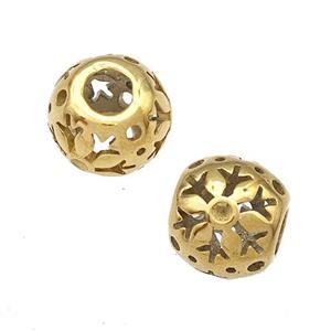 Stainless Steel Round Beads Flower Hollow Large Hole Gold Plated, approx 9-10mm, 4mm hole