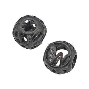 Stainless Steel Round Beads Letter-W Hollow Large Hole Black Plated, approx 9-10mm, 4mm hole
