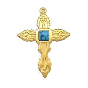 Stainless Steel Cross Pendant Pave Blue Synthetic Turquoise Gold Plated, approx 33-40mm