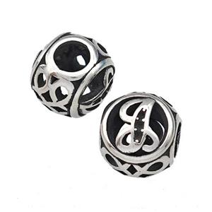 Stainless Steel Round Beads Letter-T Hollow Large Hole Antique Silver, approx 9-10mm, 4mm hole