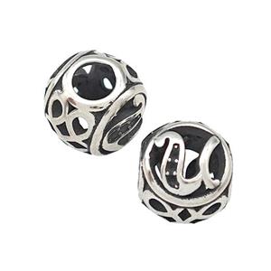 Stainless Steel Round Beads Letter-U Hollow Large Hole Antique Silver, approx 9-10mm, 4mm hole