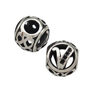 Stainless Steel Round Beads Letter-V Hollow Large Hole Antique Silver, approx 9-10mm, 4mm hole