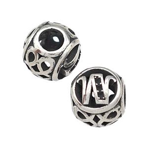 Stainless Steel Round Beads Letter-W Hollow Large Hole Antique Silver, approx 9-10mm, 4mm hole