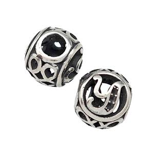 Stainless Steel Round Beads Letter-Y Hollow Large Hole Antique Silver, approx 9-10mm, 4mm hole