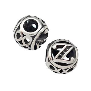 Stainless Steel Round Beads Letter-Z Hollow Large Hole Antique Silver, approx 9-10mm, 4mm hole
