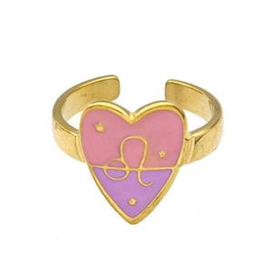 Stainless Steel Heart Rings Zodiac Leo Pink Enamel Gold Plated, approx 12.5-15mm, 18mm dia
