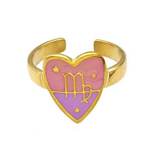 Stainless Steel Heart Rings Zodiac Virgo Pink Enamel Gold Plated, approx 12.5-15mm, 18mm dia