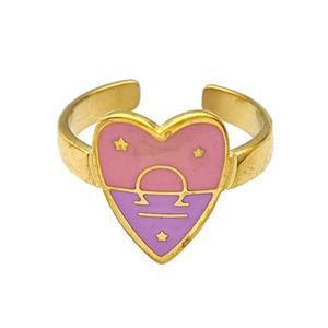 Stainless Steel Heart Rings Zodiac Libra Pink Enamel Gold Plated, approx 12.5-15mm, 18mm dia