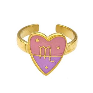 Stainless Steel Heart Rings Zodiac Scorpio Pink Enamel Gold Plated, approx 12.5-15mm, 18mm dia