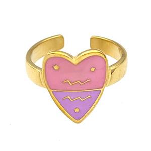 Stainless Steel Heart Rings Zodiac Aquarius Pink Enamel Gold Plated, approx 12.5-15mm, 18mm dia