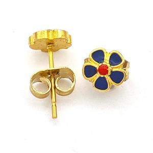 Stainless Steel Flower Stud Earring Navyblue Enamel Gold Plated, approx 6.5mm
