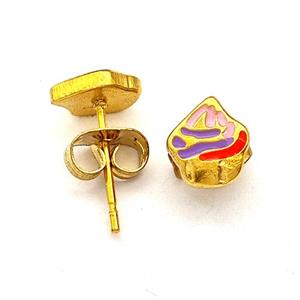 Stainless Steel Stud Earrings Ice Cream Multicolor Enamel Gold Plated, approx 7mm