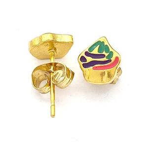 Stainless Steel Stud Earrings Ice Cream Multicolor Enamel Gold Plated, approx 7mm