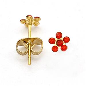 Stainless Steel Flower Stud Earring Pave Red Rhinestone Gold Plated, approx 5mm