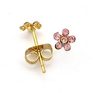 Stainless Steel Flower Stud Earring Pave Pink Rhinestone Gold Plated, approx 5mm