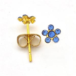 Stainless Steel Flower Stud Earring Pave Blue Rhinestone Gold Plated, approx 5mm