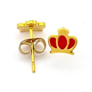 Stainless Steel Crown Stud Earring Red Enamel Gold Plated, approx 6-7mm