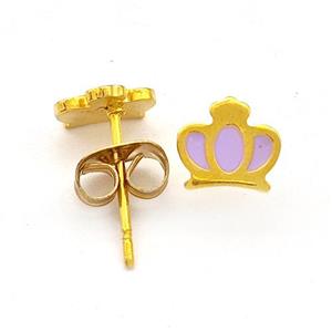 Stainless Steel Crown Stud Earring Lavender Enamel Gold Plated, approx 6-7mm