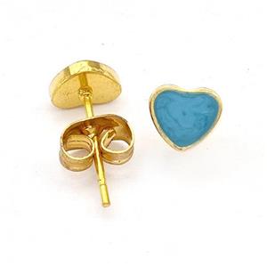 Stainless Steel Heart Stud Earring Teal Enamel Gold Plated, approx 6mm