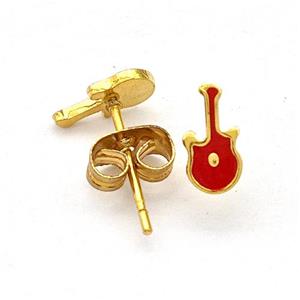 Stainless Steel Guitar Stud Earring Red Enamel Gold Plated, approx 4-8mm