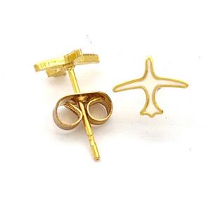 Stainless Steel Airplane Stud Earring White Enamel Gold Plated, approx 6.5-8mm