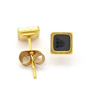 Stainless Steel Square Stud Earring Black Enamel Gold Plated, approx 6mm