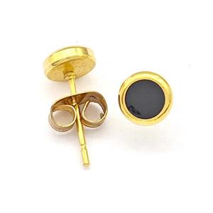 Stainless Steel Circle Stud Earring Black Enamel Gold Plated, approx 6mm