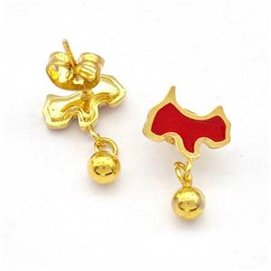 Stainless Steel Dog Stud Earring Red Enamel Gold Plated, approx 4mm, 7-10mm