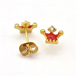 Stainless Steel Crown Stud Earring Red Enamel Gold Plated, approx 7-8mm