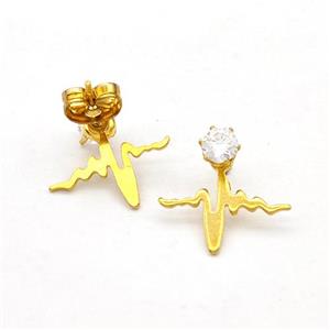 Stainless Steel Heartbeat Stud Earring Pave Rhinestone Gold Plated, approx 14-15mm