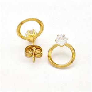 Stainless Steel Circle Stud Earring Pave Rhinestone Gold Plated, approx 10mm