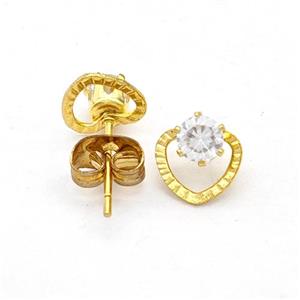 Stainless Steel Heart Stud Earring Pave Rhinestone Gold Plated, approx 7.5mm