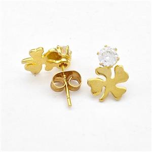 Stainless Steel Clover Stud Earring Pave Rhinestone Gold Plated, approx 8.5-12mm