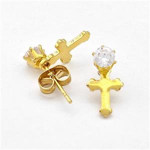 Stainless Steel Cross Stud Earring Pave Rhinestone Gold Plated, approx 7-13mm