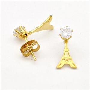 Stainless Steel Stud Earring Pave Rhinestone Eiffel Tower Gold Plated, approx 7-14mm