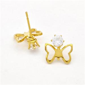 Stainless Steel Butterfly Stud Earring Pave Rhinestone Gold Plated, approx 10-11mm