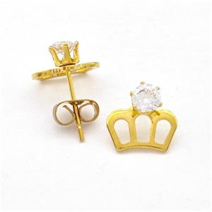 Stainless Steel Crown Stud Earring Pave Rhinestone Gold Plated, approx 9-10mm