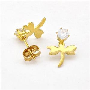 Stainless Steel Dragonfly Stud Earring Pave Rhinestone Gold Plated, approx 10-13mm