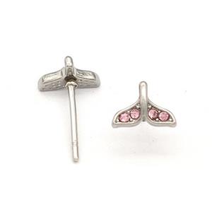 Raw Stainless Steel Stud Earring Pave Pink Rhinestone Shark-tail, approx 5.5-7.5mm