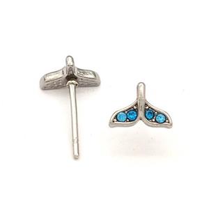 Raw Stainless Steel Stud Earring Pave Blue Rhinestone Shark-tail, approx 5.5-7.5mm