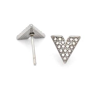 Raw Stainless Steel Stud Earring Pave Rhinestone V-Shape, approx 9mm