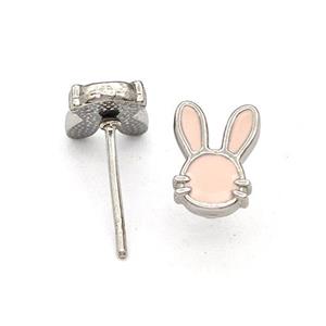 Raw Stainless Steel Rabbit Stud Earring Pink Enamel, approx 6-9mm