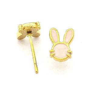 Stainless Steel Rabbit Stud Earring Pink Enamel Gold Plated, approx 6-9mm