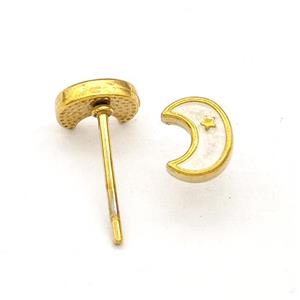 Stainless Steel Moon Stud Earring White Enamel Gold Plated, approx 5-6.5mm