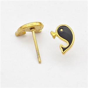 Stainless Steel Dolphin Stud Earring Black Enamel Gold Plated, approx 6-8mm