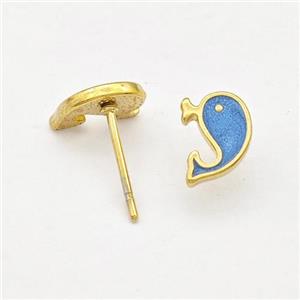 Stainless Steel Dolphin Stud Earring Blue Enamel Gold Plated, approx 6-8mm