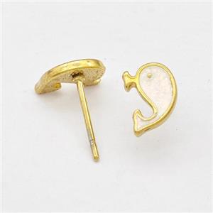 Stainless Steel Dolphin Stud Earring White Enamel Gold Plated, approx 6-8mm