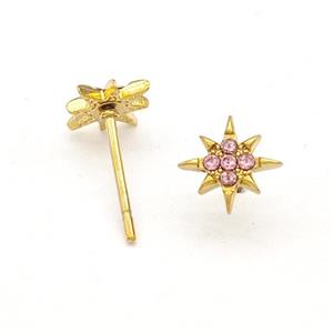 Stainless Steel NorthStar Stud Earring Pave Pink Rhinestone Gold Plated, approx 8mm