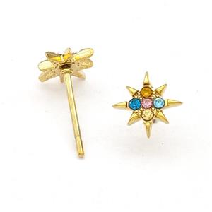 Stainless Steel NorthStar Stud Earring Pave Multicolor Rhinestone Gold Plated, approx 8mm